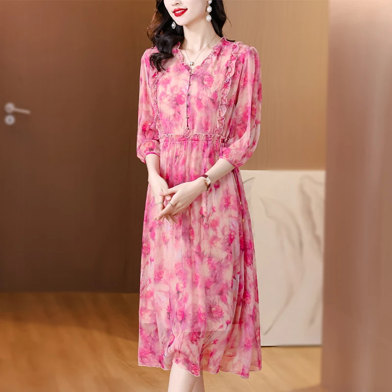 Real Silk Mulberry Silk Dress Summer 2024 New Style French Skirt Gentle and Aging Reducing Foreign Style Fragmented Flower Skirt