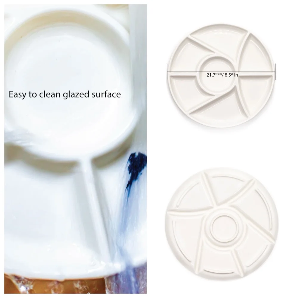 Artsecret Paleta de pintura de cerámica de porcelana de 7 pocillos Bandeja de colores para mezclar Plato de flores para pintura de acuarela al óleo acrílico de 8,5 pulgadas