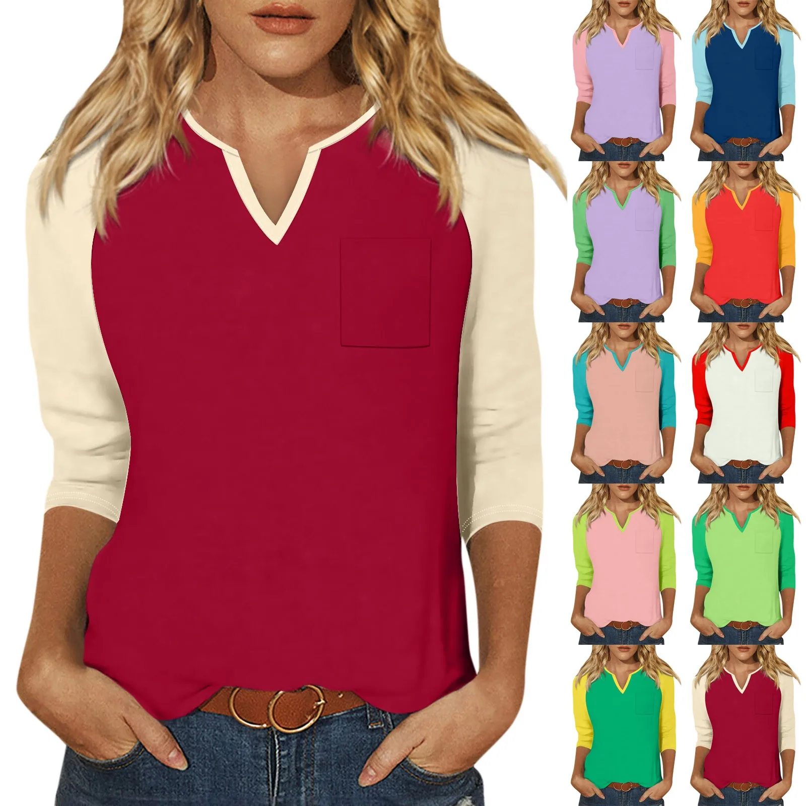 3/4 Sleeve Loose Shirts For Women Fashion Casual Raglan Sleeve Patchwork Contrasting Colors V Neck Tops Classic All-Match Tops