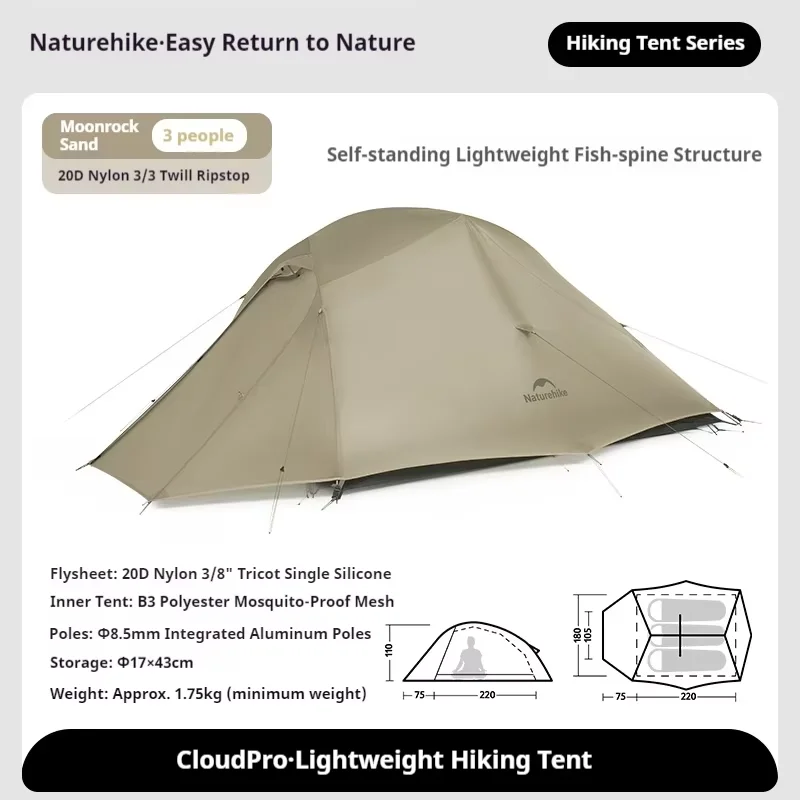 Naturehike Cloud Up Pro Kampeertent 1/2/3 personen 20D Nylon Wandeltent Ultralichte draagbare waterdichte lichtgewicht tent voor buiten