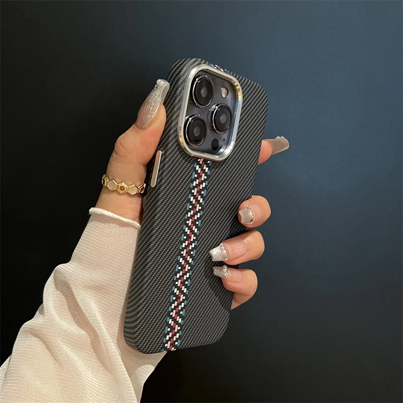 Abstract Carbon Color Relief Case for iPhone 16 Pro Max 15 14 Cover MagSafe Charge Alloy Lens Camera Bumper Hard Armor PC Shell