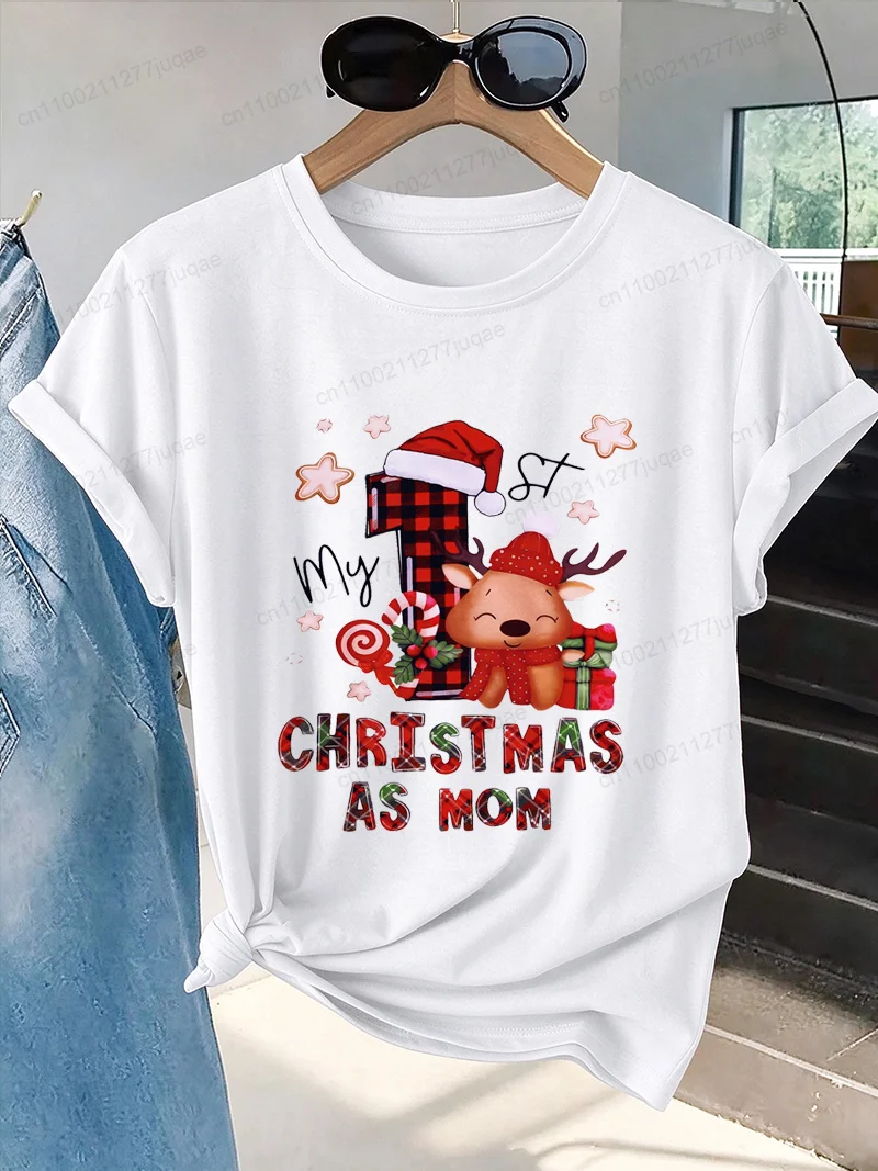 My First Christmas As Mom Shirt,new Mom Christmas Tee,reindeer Graphic Top,women Casual Short Sleeve T-Shirts,mommy Gift