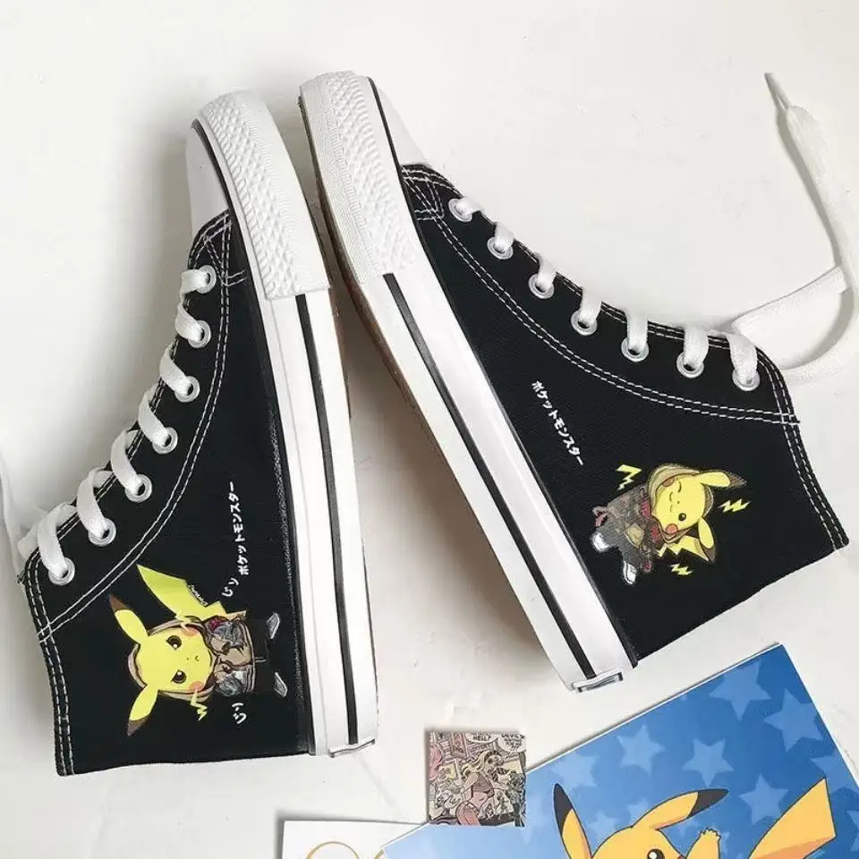 drop shipping 2025 new spring winter autumn Pikachu cartoon high top plus big size black real canvas shoes student women shoes