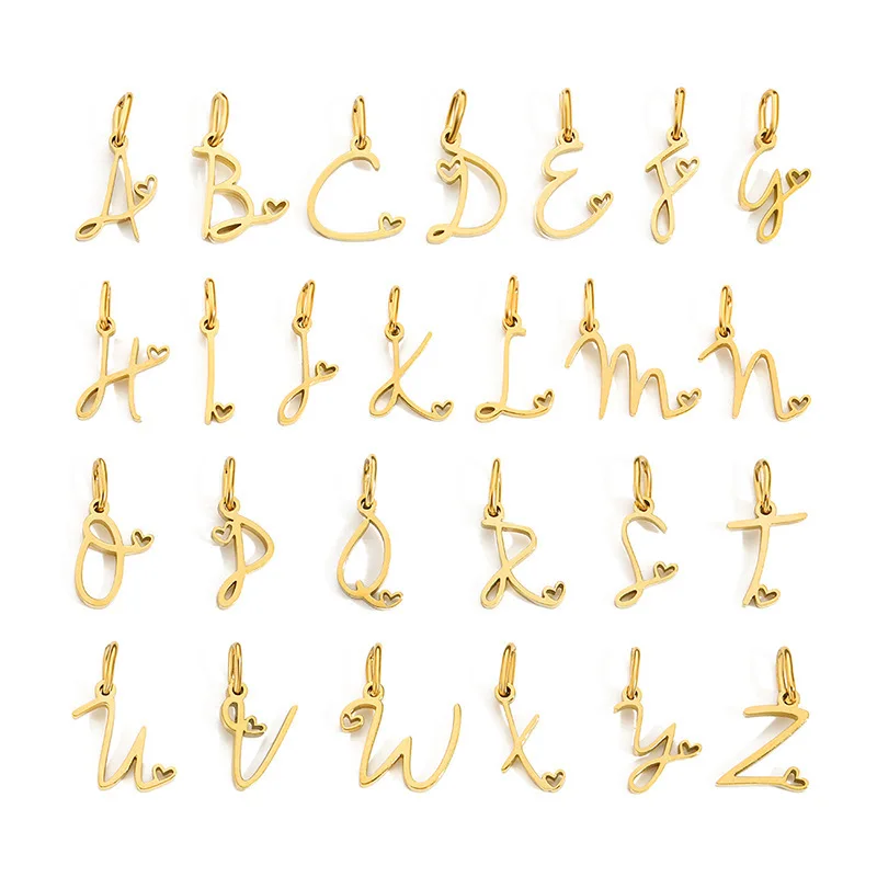 A-Z Alphabet 26 Letter Charms Set Heart Zircon Pearl Initial Letter Gold Plated Stainless Steel Pendants for DIY