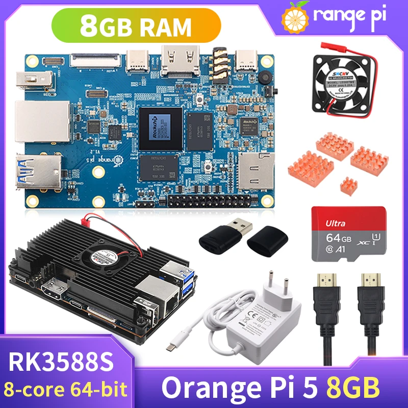 Orange Pi 5 8GB RK3588S 8-Core 64-Bit PCIE Module External WiFi BT Gigabit Ethernet Optional Power Supply Acrylic Case Heatsinks