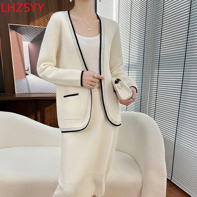 LHZSYY Women\' New Color Matching Set 100% Cashmere Button Free Cardigan Fashion Halfskirt 2023 Spring Large Size Jacket Sweaters