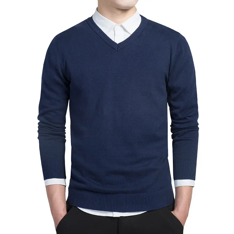 

Men's V-neck Pullover Solid Color Long Sleeved Sweater Men's Base Sweater Spring and Autumn Men's Sweater