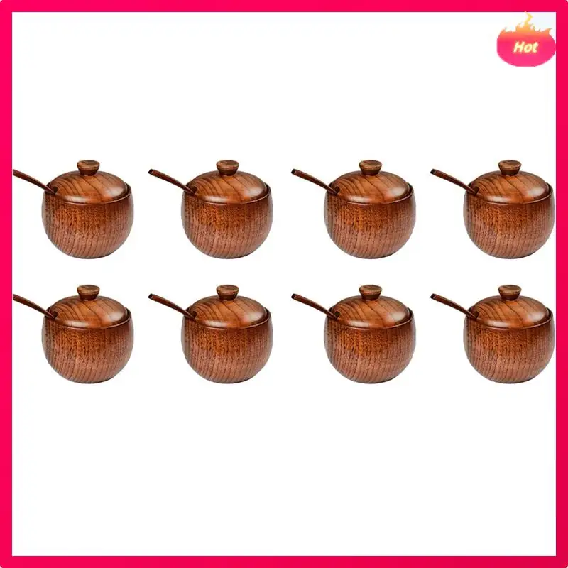 

ABYP 8 Pcs Wood Spice Jar With Wooden Lid And Spoon Nordic Concise Style Salt Container Salt Bowl Seasoning Box Kitchen Tool