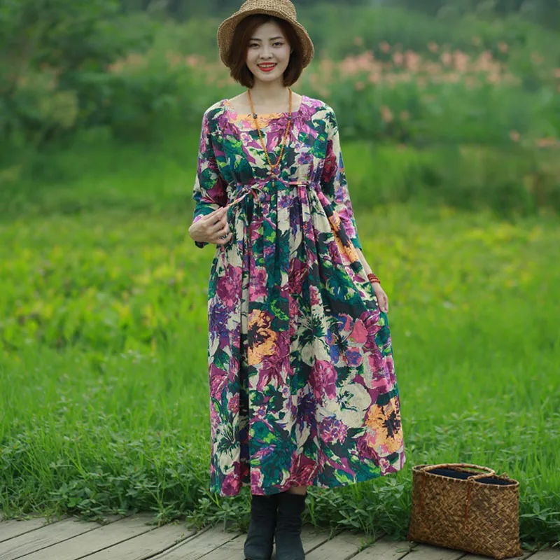 Herbst Baumwolle Leinen Wunderschöne Druck Kleid 3/4 Langarm Frauen Retro Pastoralen Stil Hohe Taille Kordelzug Französisch Boho Maxi Rock