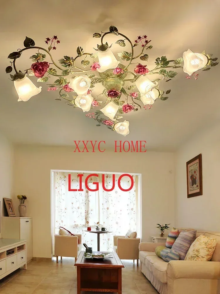 

American Country Ceiling Lamp in the Living Room Pastoral Style Lighting Flower Bedroom Romantic Rose