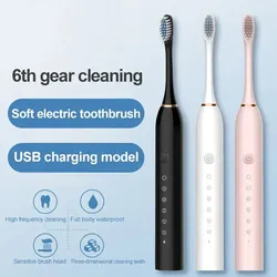 Cepillo de dientes eléctrico ultrasónico para adultos, limpiador de dientes automático con modo de seis velocidades, cabello suave para el hogar, carga USB, resistente al agua