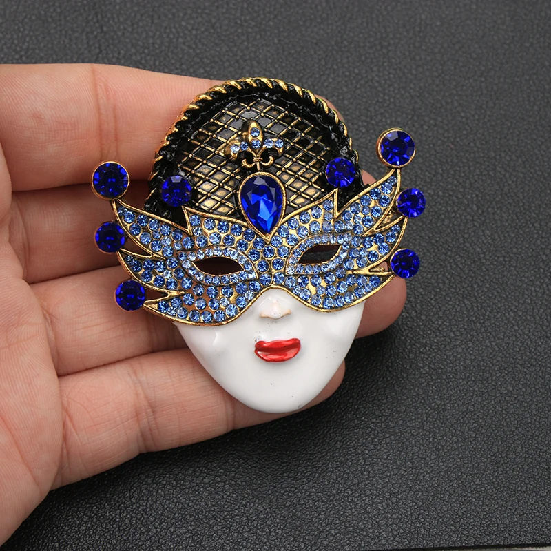 Venetian Mask Brooch Vintage Enamel Rhinestone Lady Face Pin Alloy Women Jewelry Carnival Party Gift