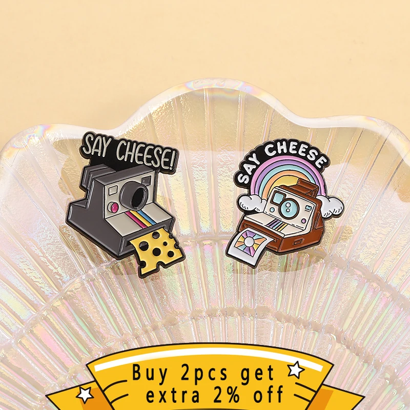 Say Cheese Enamel Pin Fun Rainbow Retro Camera Brooch Lapel Backpack Metallic Badges Fashion Jewelry Gift For Friend