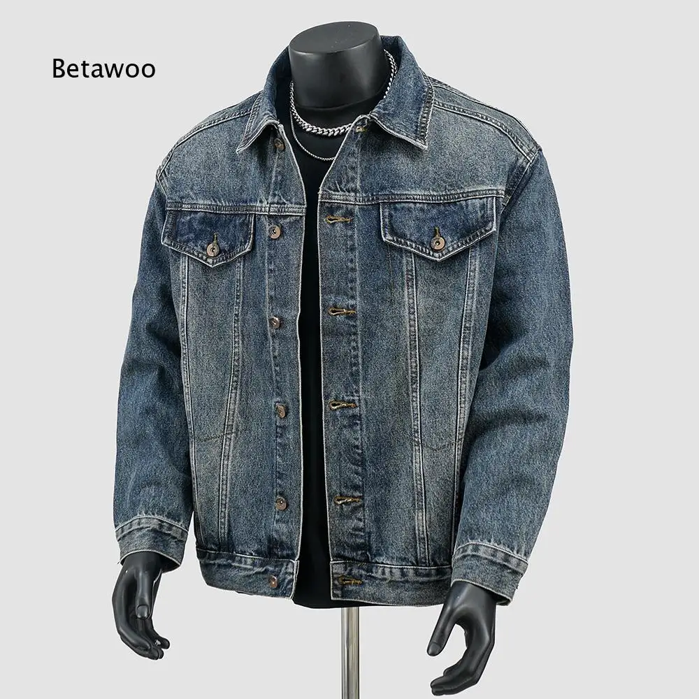 Men American Vintage Lapel Collar Denim Jacket Long Sleeve Loose Workwear Trucker Coat for Street Daily Casual Wear
