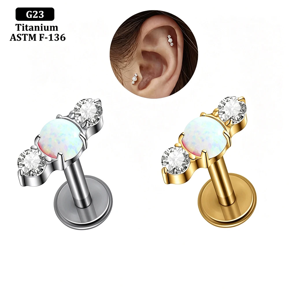 1 Stück glänzender, gerader Opal- & CZ-Lippen-Labret 16g Titanlegierung Zirkonia Ohrknorpel Helix Conch Tragus Lobe Piercing Ohrring