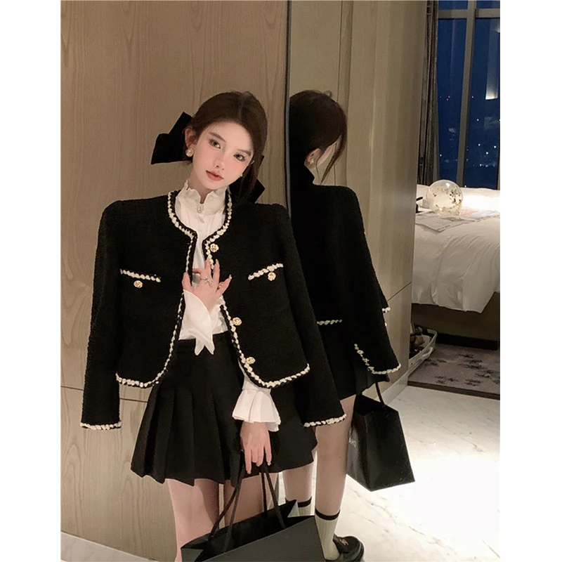 MEXZT Vintage Tweed Jackets Women Elegant Black Cropped Suit Coat Korean Thicken Blazer Single Breasted Short Outerwear Tops New