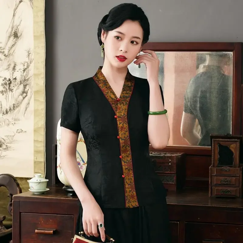 Chinese Style Women Summer Imitation Xiangyunsha Qipao Top V Neck Short Sleeve Improved Cardigan Slim Retro Tang Suit S-XXL view 3