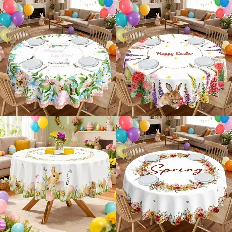 Spring Floral Round Table Cover, Waterproof Easy Clean Decor for Easter Banquet