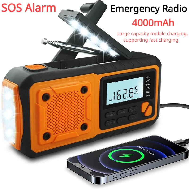 

Emergency Radio 4000mAh Solar Hand Crank Radio with AM/FM/WB/NOAA SOS Flashlight Portable Weather Radio Outdoor Home