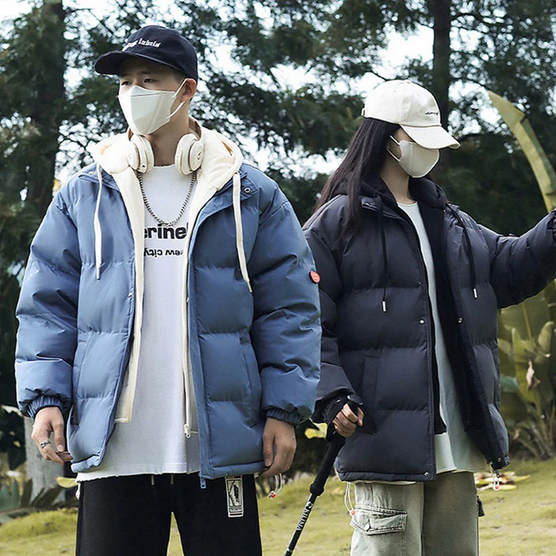 

Модная утепленная хлопковая куртка унисекс с капюшоном 2026 года, свободного кроя, в уличном стиле, имитация двухслойного комплекта, зимняя одежда