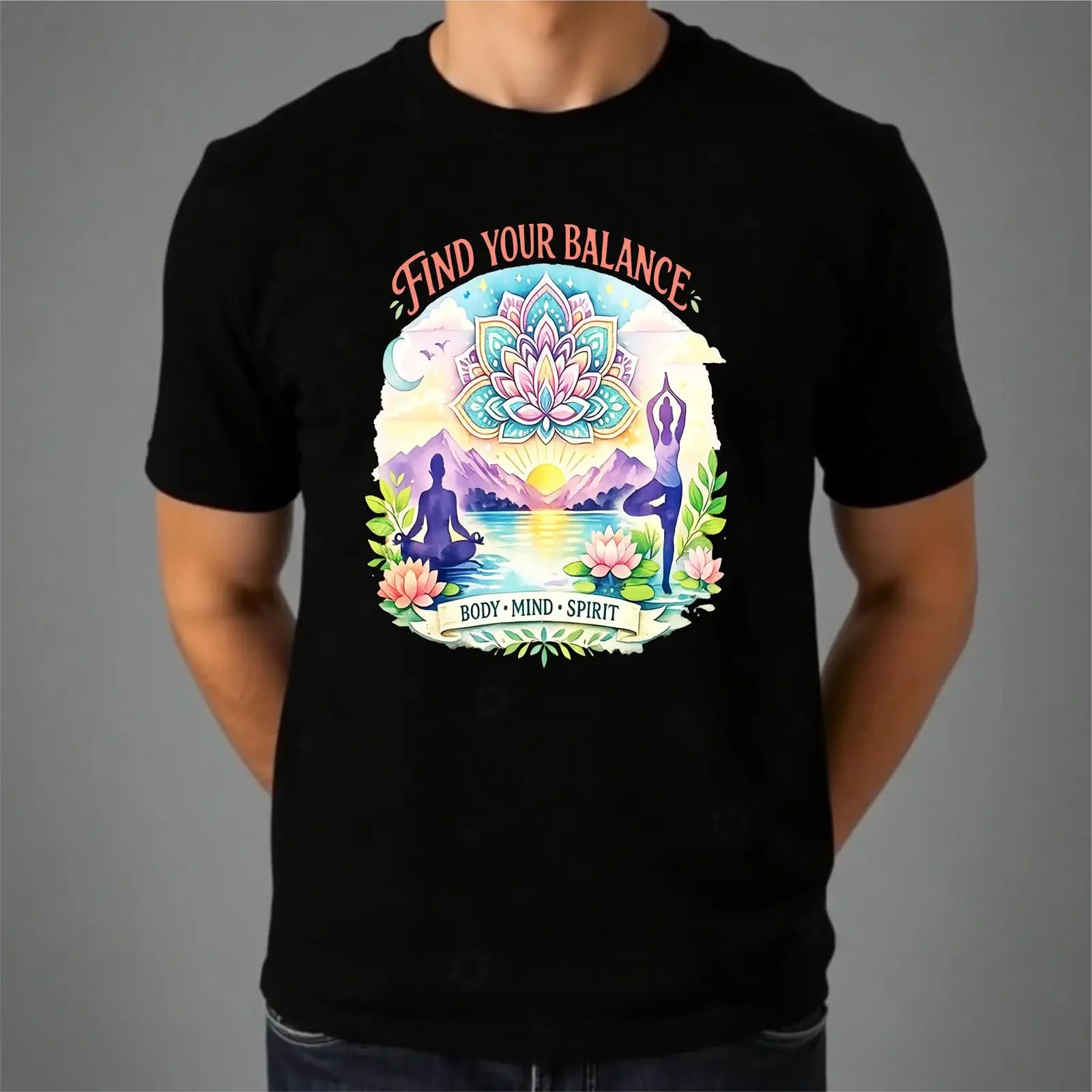 Find Your Balance Yoga T Shirt Meditation Mandala Body Mind Spirit Slogan Top vintage Washed designer clothes streetwear