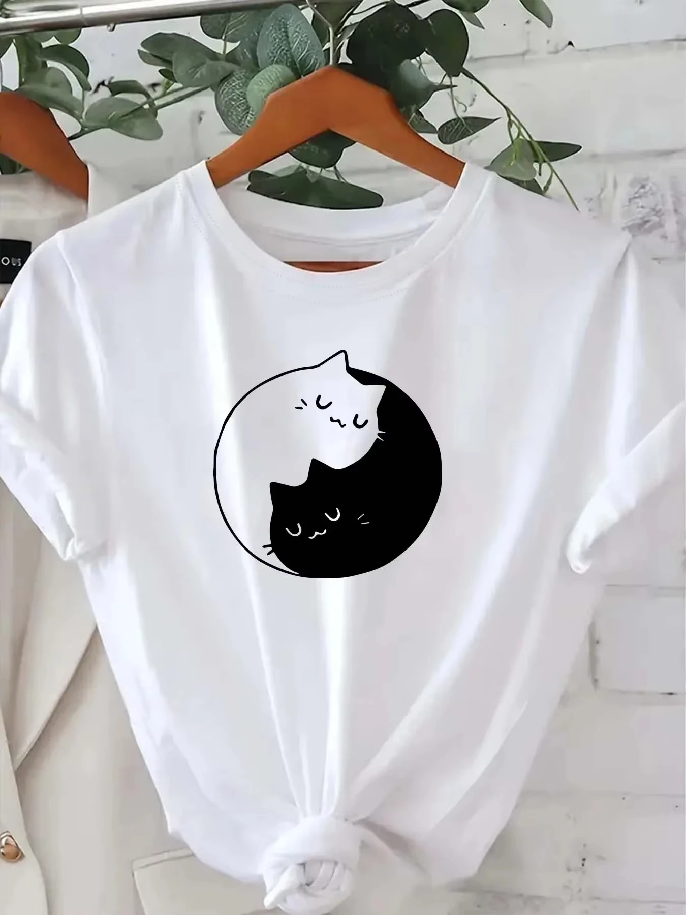 

Summer Clothes Bagua Formation Cat Pattern Print Woman t-shirts Short Sleeve Casual Round Neck Comfortable Women's Clothing Tops