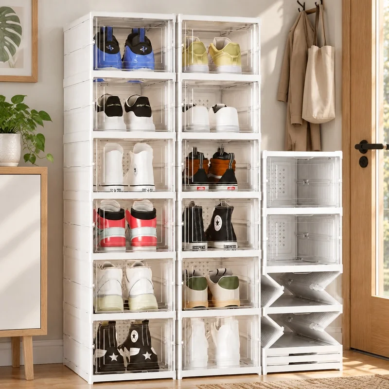 Clear Stackable Shoe Storage Box with Three Layers, Foldable and Dustproof for Sneakers