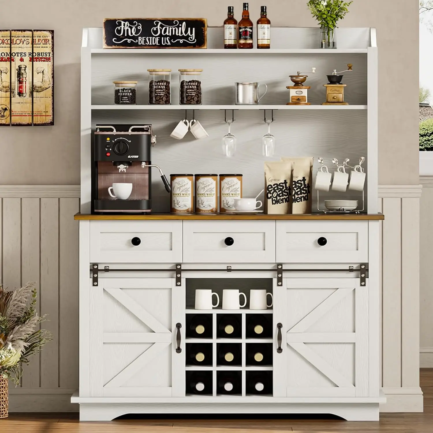 

Tall Coffee Bar with 3-Tier Storage, Farmhouse Kitchen Hutch Storage Cabinet with 3 Storage Drawers, Coffee Station Cabinet