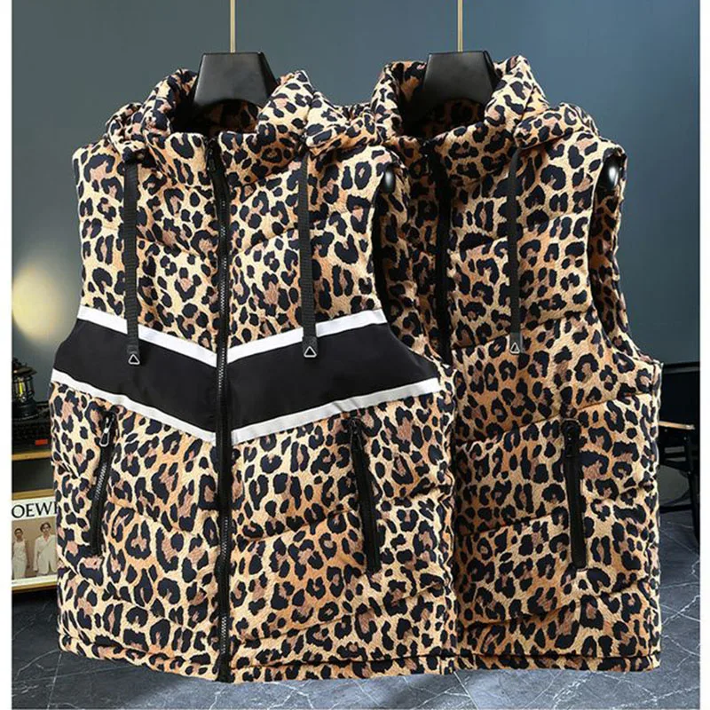 المألوف أسفل ليوبارد طباعة سترة 2025 جديد الخريف الشتاء سميكة الدافئة العصرية سترة غير رسمية مع مقنعين المرأة صدرية H500