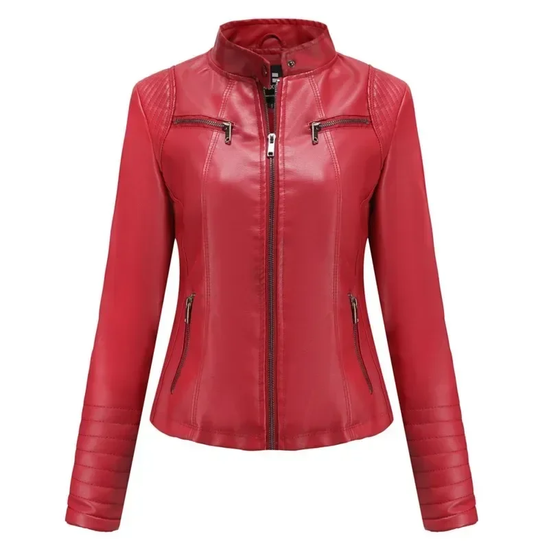 Women Pu Faux Leather Jacket Spring Autumn Fashion Slim Black Coatmotorcycle Rider Coat Female Office Lady Red New In Outerwears