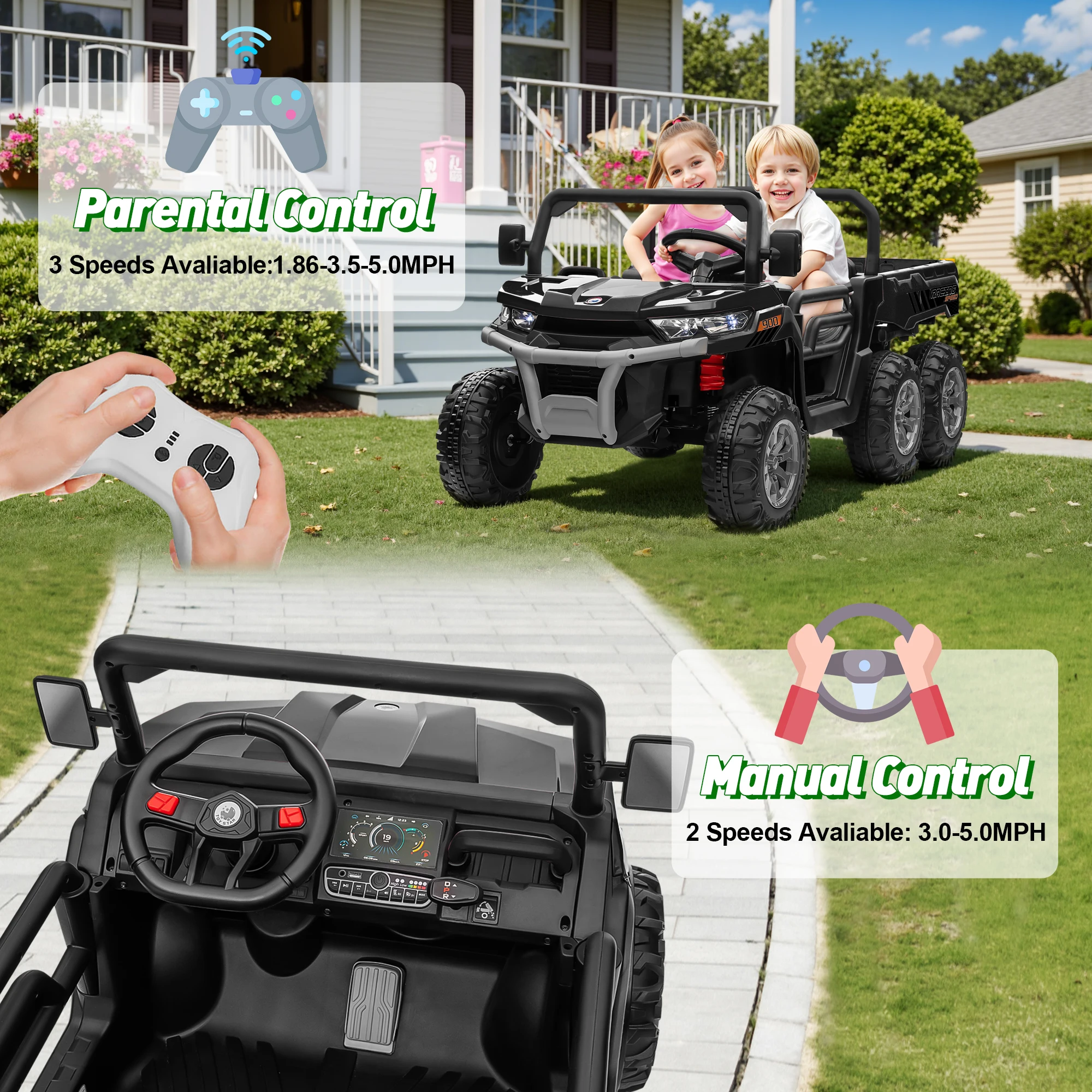 Passeio de brinquedos 24V, carro UTV de 2 lugares e 6 rodas, caminhão basculante 4WD para crianças grandes com controle remoto de reboque