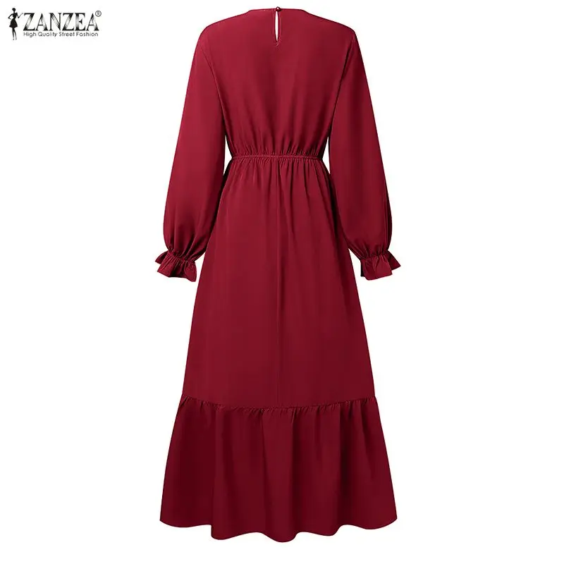 ZANZEA Eid Abito Elegante Abaya Musulmano Abito Elegante Donna Manica Lunga Orlo Increspato Vestito Estivo Del Partito Solido Abito Da Lavoro Caftano Ramadan