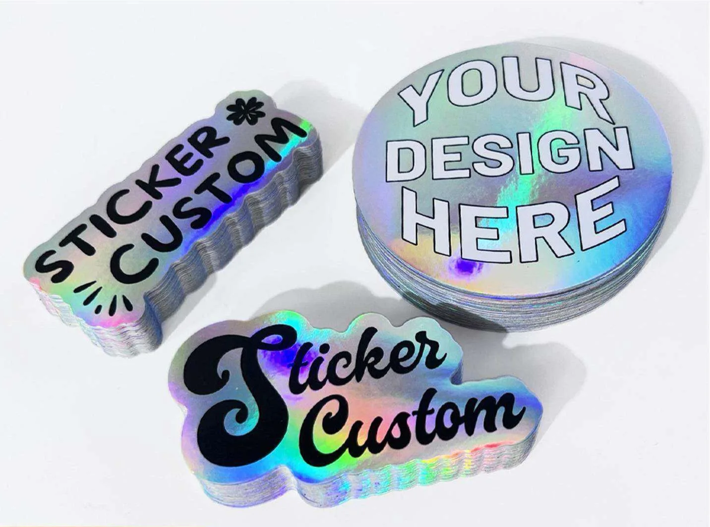 Customized Holographic Rainbow Die-cut Logo Name Stickers Color Refective Printed Any Shapes Logo Adhesive Labels