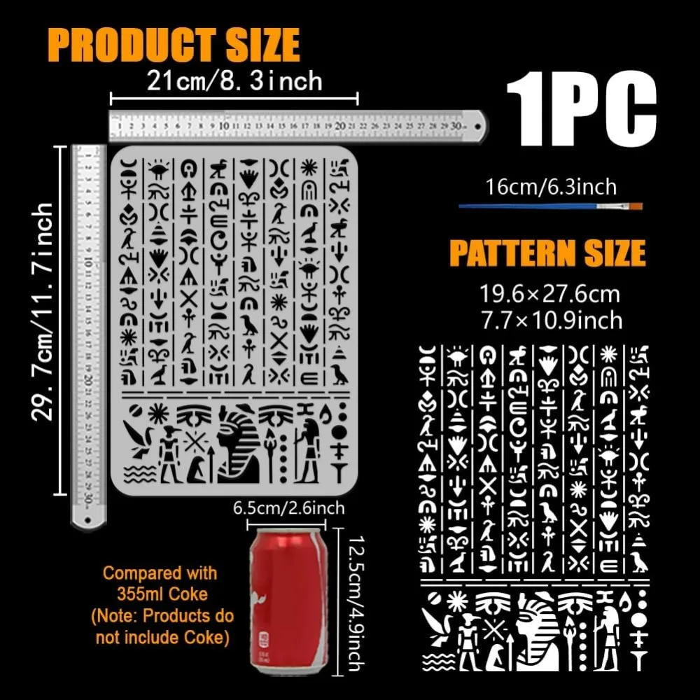 Ancient Egyptian Script Stencil with a Paint Brush 11.7x8.3Inch Egyptian Symbol Stencil Hieroglyphs for Wall Tiles Floor
