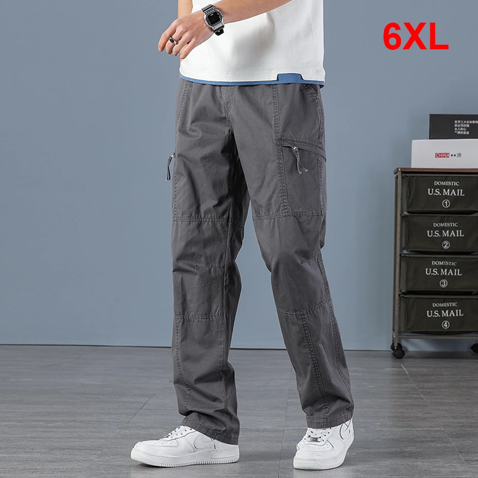 

6XL Plus Size Cargo Pants Men Straight Pants Fashion Casual Elastic Waist Trousers Male