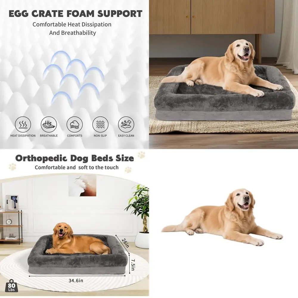 

XL Waterproof Dog Bed with Removable Cover, Foam Bolster & Plush Mat for Medium to Large Dogs (34.6x26x7.5in)