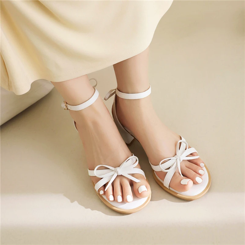 FOREADA Women Ankle Strap Sandals Round Toe Block Mid Heels Buckle Bow Ladies Fashion Casual Shoes Summer Black White Pink 45