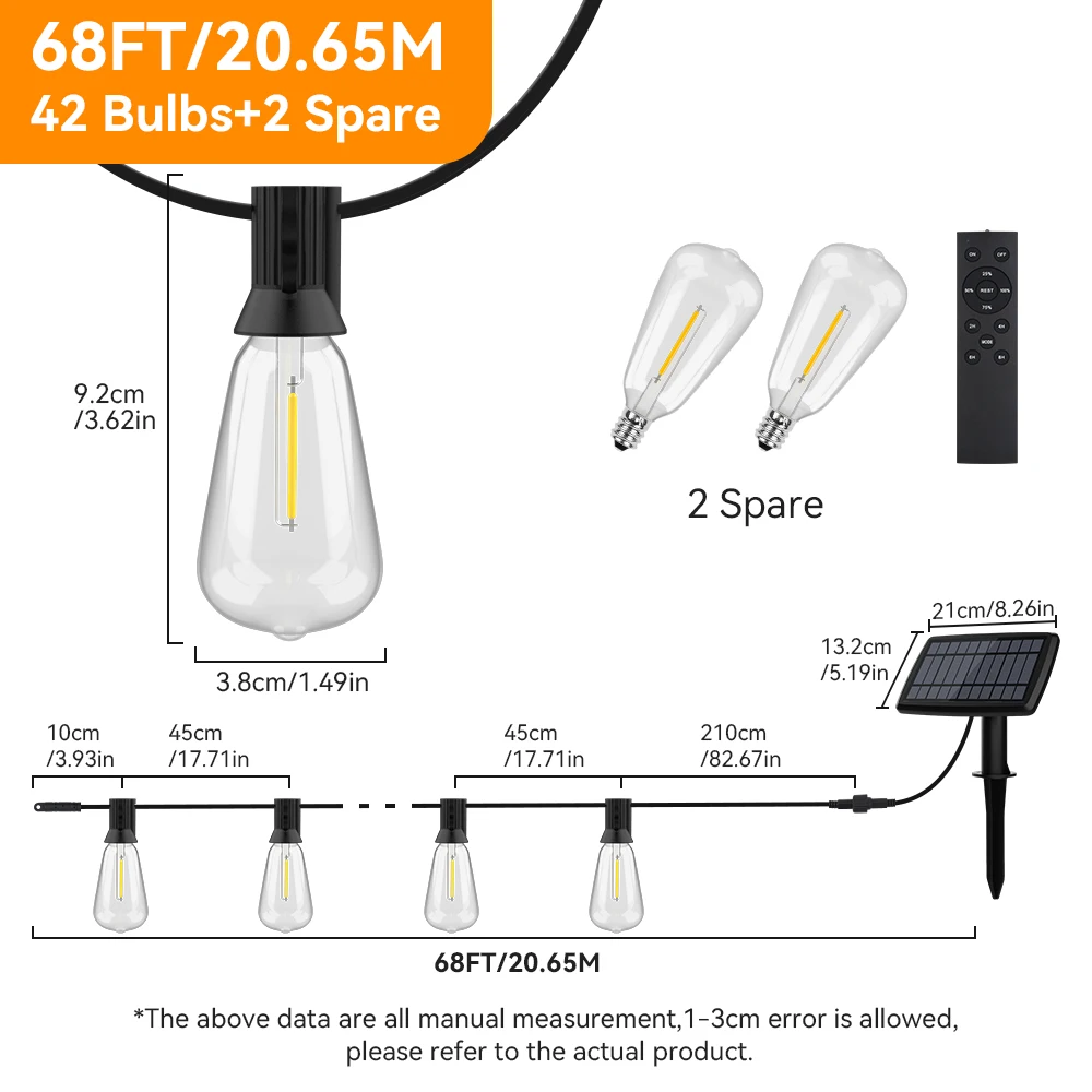 Outdoor Solar Power Light String ST38 LED Plastic Shatterproof Bulbs Patio Lights With Remote Control Garden Party Decor Lamp
