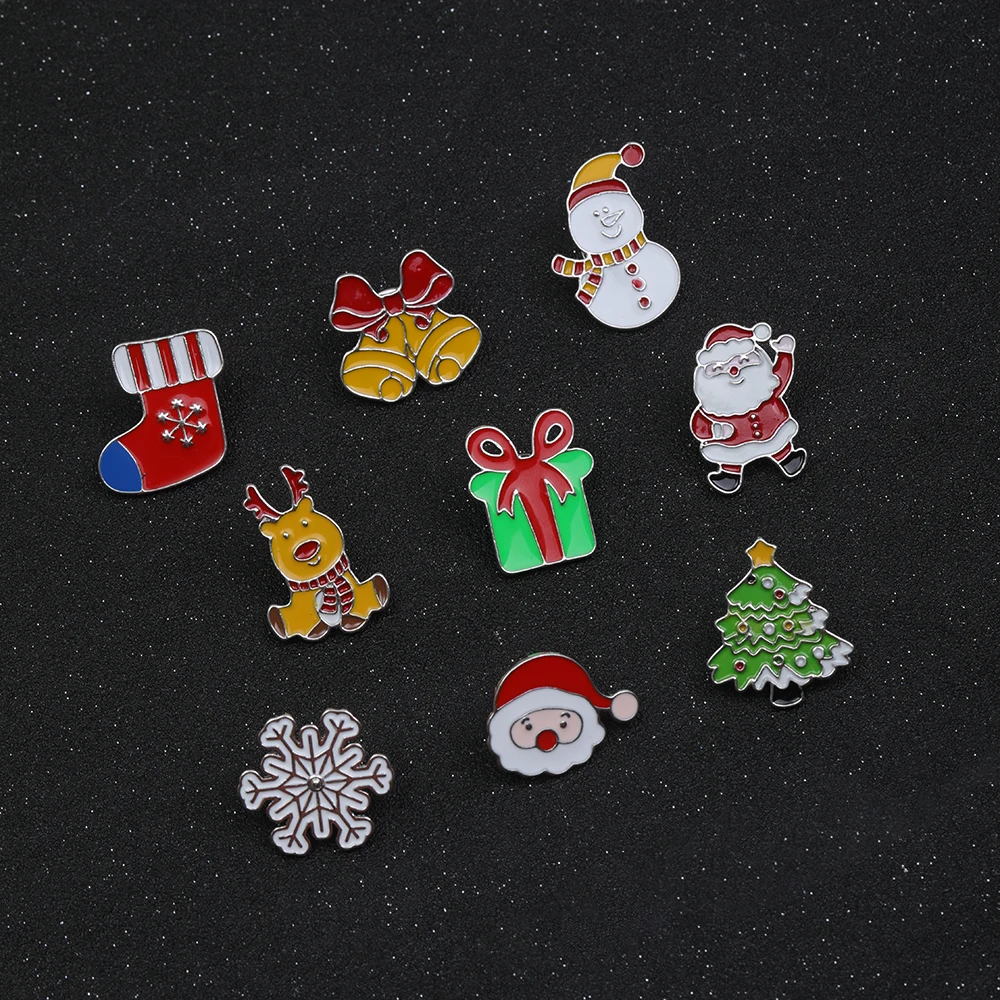 Chilly Winter Jewelry 9 Pcs/Set Santa Claus Sleigh Reindeer Tree Hard Enamel Pins Snowman Snowflake Jingle Bells Brooches Xmas