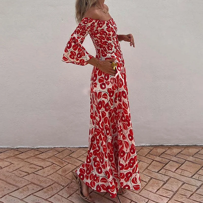 Abito lungo rosso con scollo a barchetta stampato chic Abito estivo da donna elegante con spalle scoperte Abito con maniche svasate Pieghe per le vacanze Abito aderente in vita