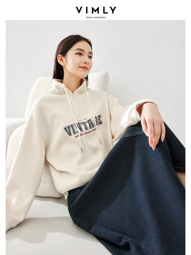 Vimly Oversize Fleece Sweatshirt Women 2023 Winter Stand Collar Half Zipper Casual Letter Printed Pullover Long Sleeve Top M5751