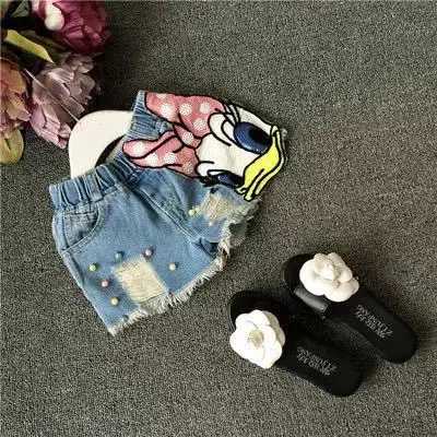 Summer Baby Girls Fashion Clothes Sets Kids Cartoon Minnie Mouse Cotton T-shirt Daisy Hole Denim Shorts Suits Children Clothing