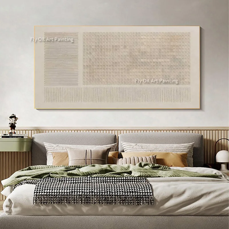 Original Thick Impasto Abstract Oil Painting, Handpainted Neutral Tone Relief Grid Stripe Art, Large Canvas Wall Hanging