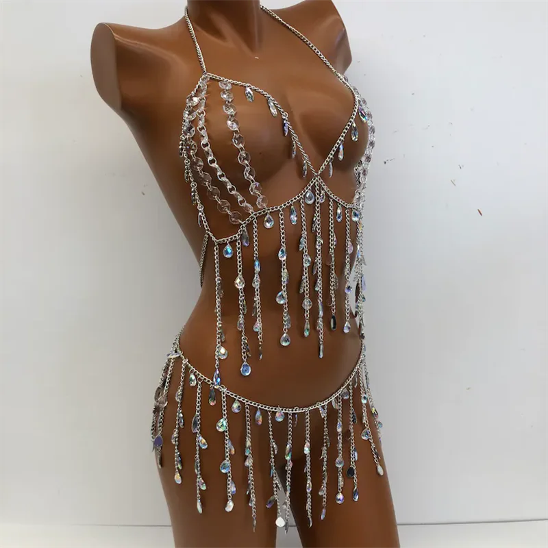 Damen Strass-Körperkette 2-teiliges Set Geometrischer Acryl-Kristall-Quasten-Neckholder-Bralette Sexy Rückenfreies Halloween-Top – Detail 2