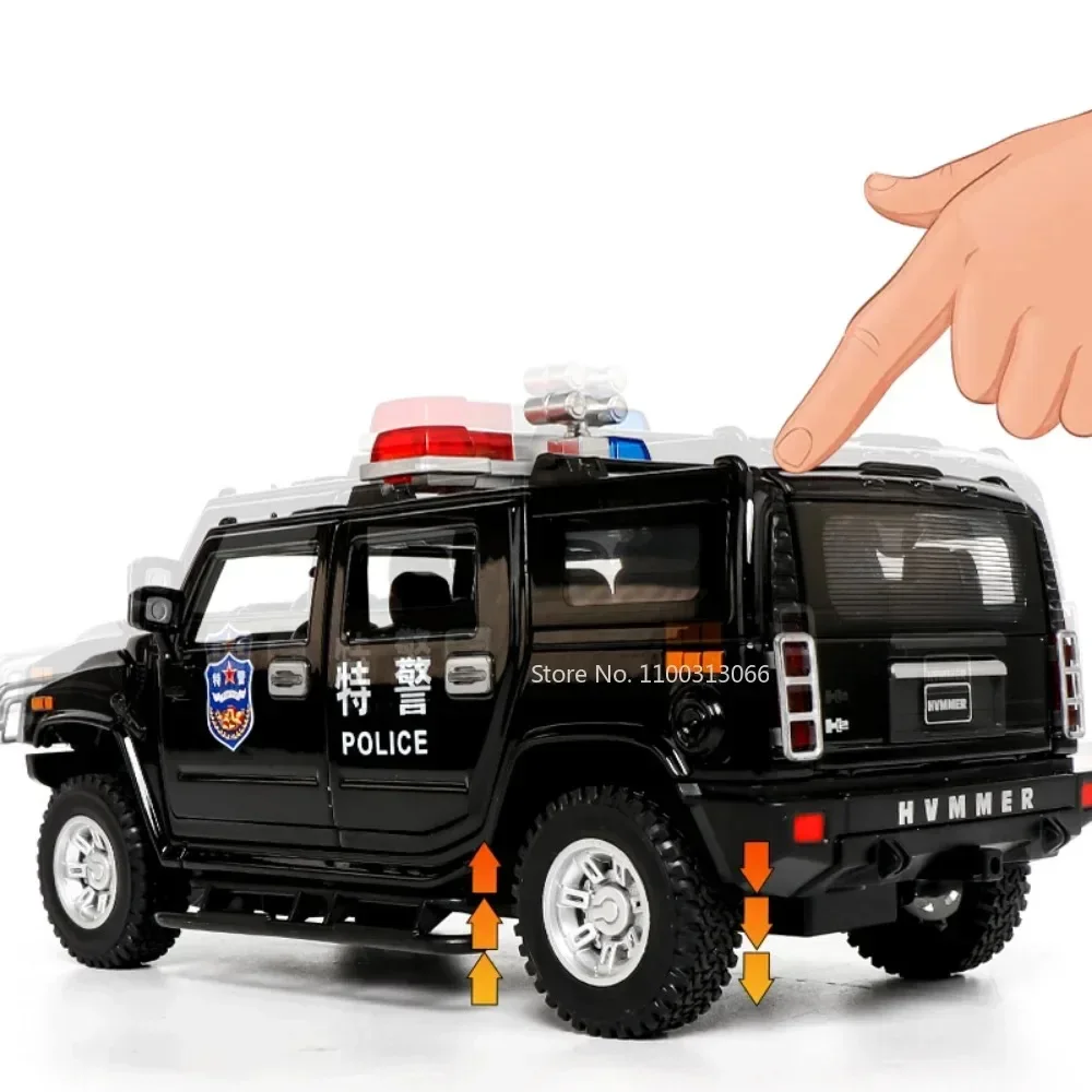 1:24 hummer h2 carro de polícia modelo de brinquedo liga diecast awst carros 6 portas abertas luz de som puxar para trás veículo off-road presentes do festival