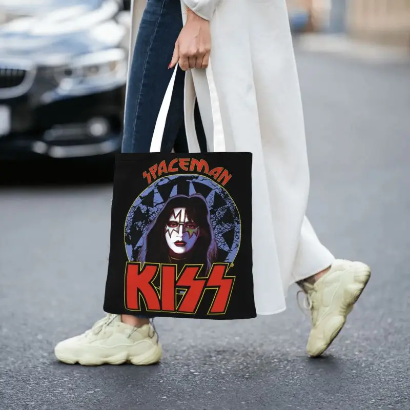 Heavy Metal Rock Band Kiss Boodschappen Boodschappentas Schattige Bedrukte Canvas Shopper Schoudertassen Grote Capaciteit Draagbare Handtas