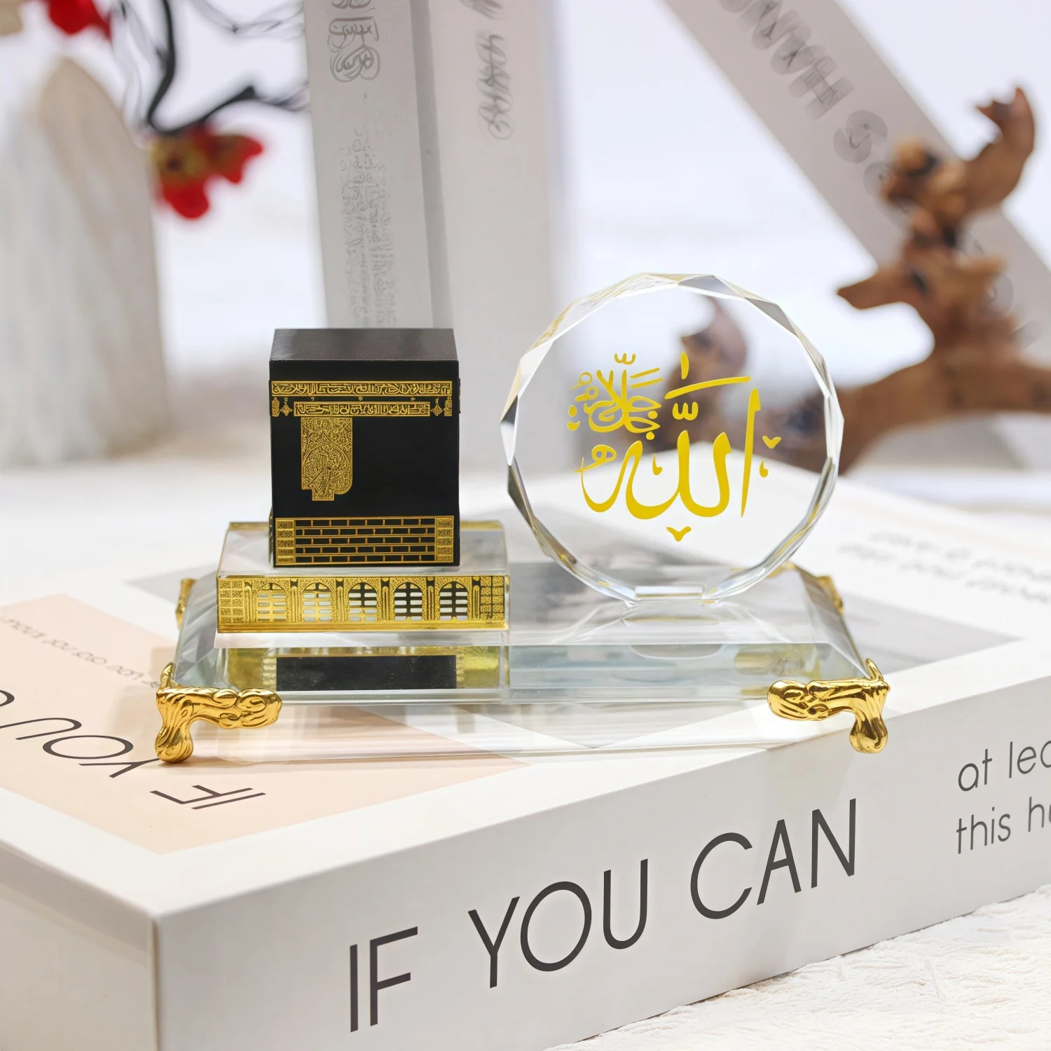 Muslim Crystal Gilded Kaaba Model Kits Muslim Showpiece Islamic Architecture Handicraft Home Vehicle Decor Islamic Building Gift