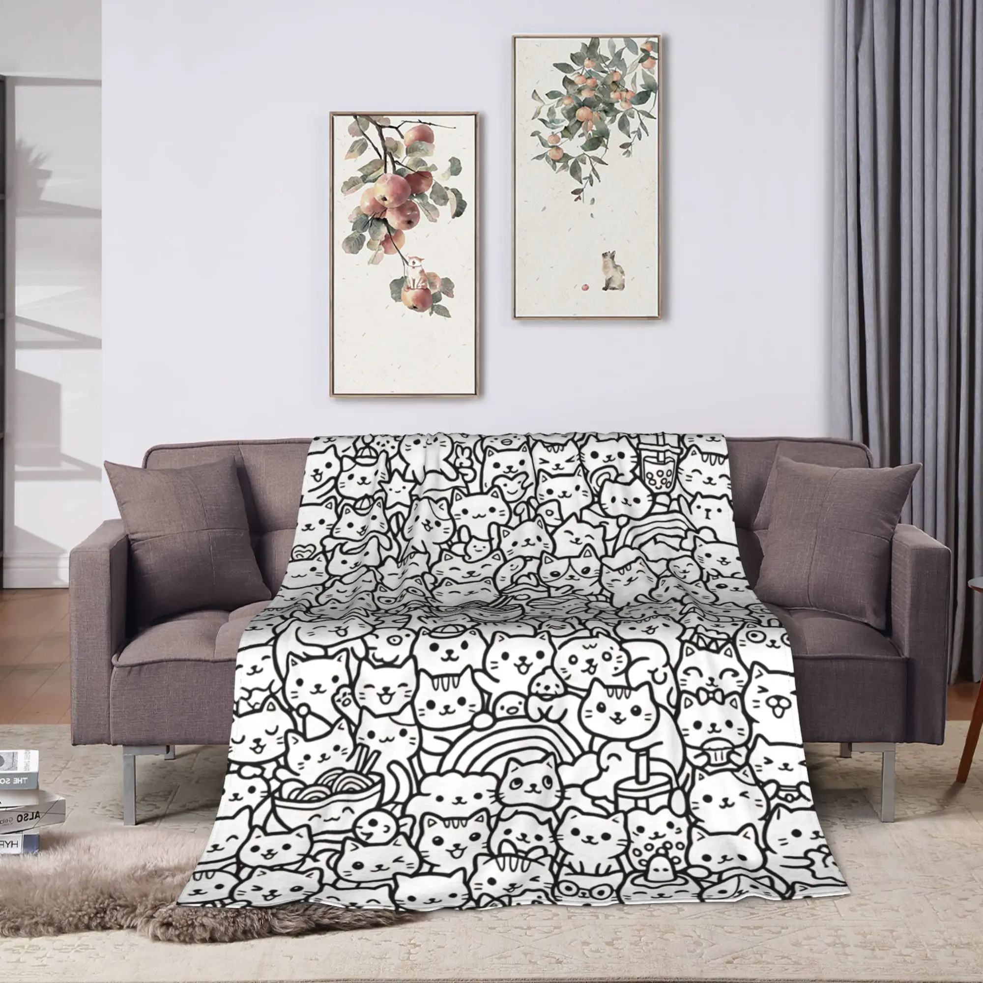 Cute Cat Doodle Pack Line Art Coloring Page Graphic Flannel Blanket Adults  Warm Soft Throw Blanket Winter Bedspread Bed Cover
