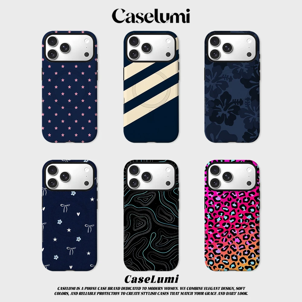CaseLumi Matte Bumper für MagSafe Hülle für iPhone 17 16 15 14 Plus 13 Pro Max Stoßfeste Harte PC-Hülle Marineblau mit Rosa Sternen