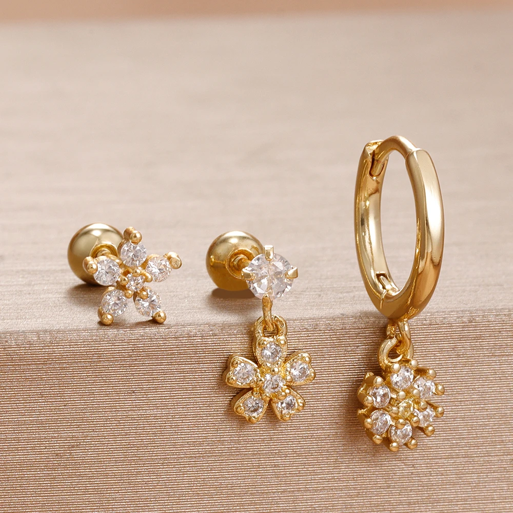 جديد وصول الفولاذ المقاوم للصدأ زهرة الزركون الغضروف ثقب طقم من الحلقان للنساء 14K مطلية بالذهب قرط الاذن المرصع مجوهرات فاخرة